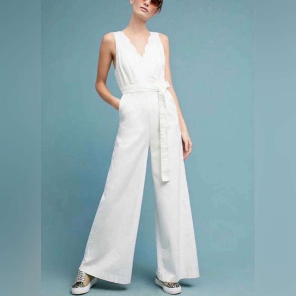 Anthropologie White Scallop V-Neck Wide-Leg Jumpsuit with Tie